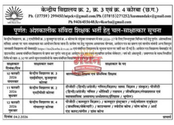 (कोरबा) केंद्रीय विद्यालय नंबर-2 एनटीपीसी में अंशकालीन संविदा शिक्षक के लिए साक्षात्कार