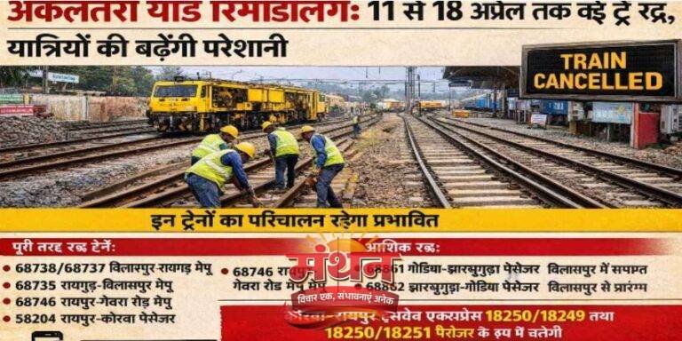 (कोरबा) अकलतरा यार्ड रिमॉडलिंग अंतर्गत 11 से 18 अप्रैल तक कई ट्रेनें रहेंगी रद्द