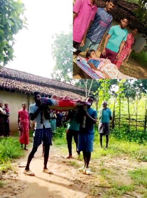 (कोरबा) विकास की राह में पिछड़ा ग्राम राजाडाही से गर्भवती महिला को खाट पर ले जाने की मजबूरी