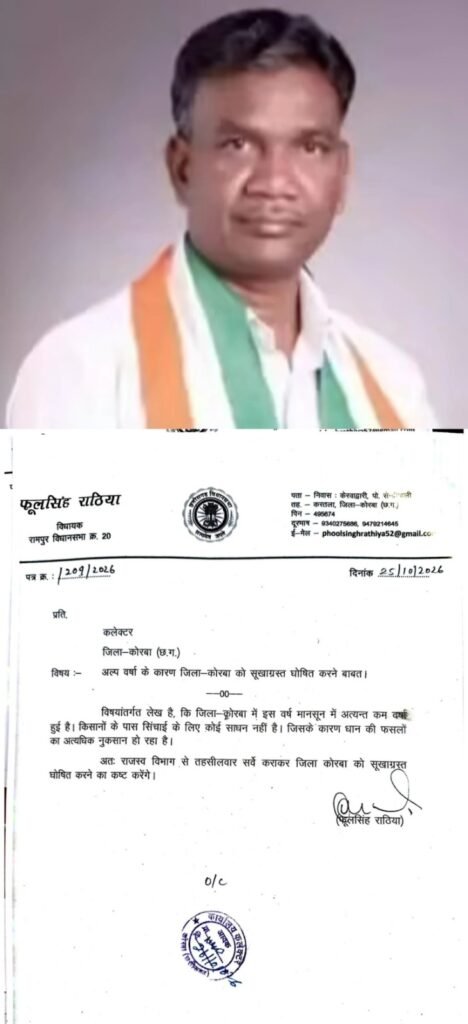 (कोरबा) अल्पवर्षा से फसल संकट पर विधायक फूलसिंह राठिया ने कलेक्टर को पत्र लिखकर जिले को सूखाग्रस्त घोषित करने की मांग